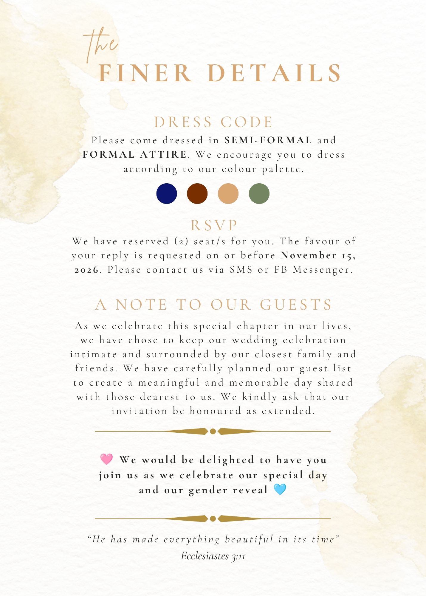 Wedding finer details, dress code, RSVP and note to guests.